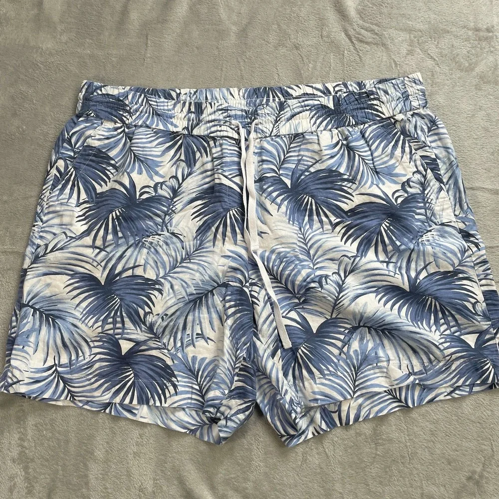 Talbots Linen Blend Shorts 2X Palm Tropical Blue White Pull On Beach